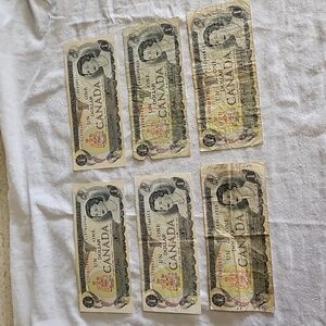 Lot Of 6 Canadian 1973 One Dollar Money Bills Queen Elizabeth